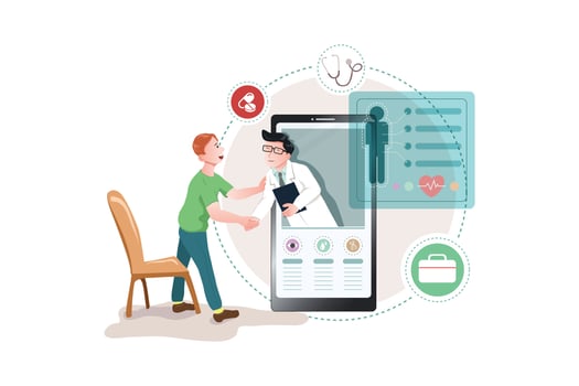 Patient meeting a professional doctor online on a smartphone and shaking hands, online medical consultation concept vector