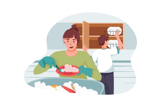 The cleaning team is washing and arranging the dishes vector