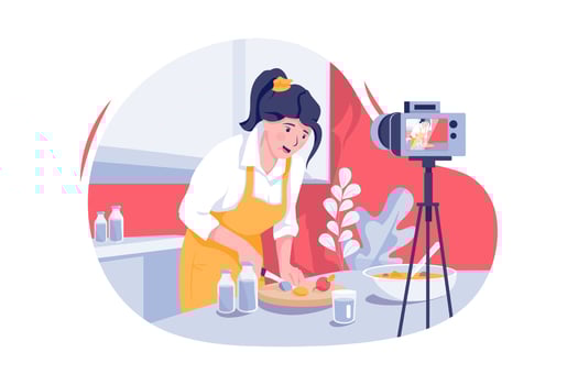 Young asian woman in kitchen recording video on camera. Vlog video live streaming at home. vector
