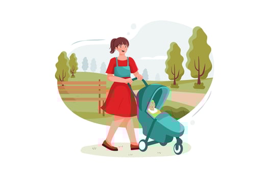 Teen nanny with cute baby in stroller playing in park vector