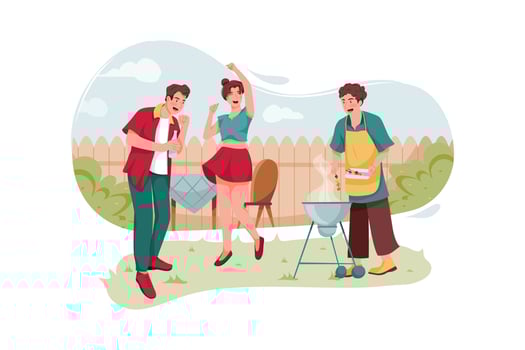 Group of friends dancing at an outdoor barbecue party vector