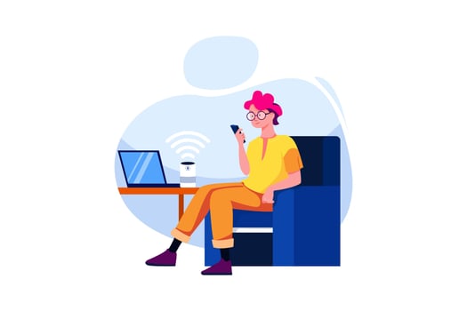 Man using smartphone and laptop controlled by smart speaker voice recognition concept vector