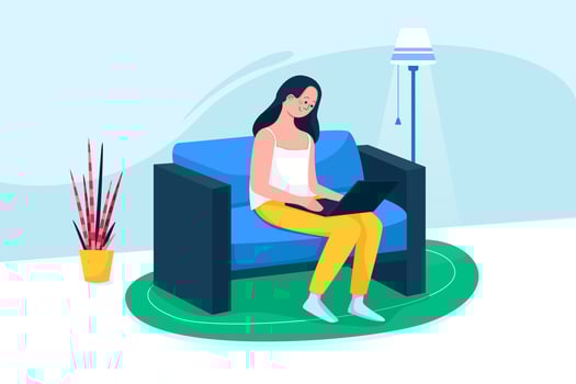 Woman with laptop at home sitting on sofa typing vector