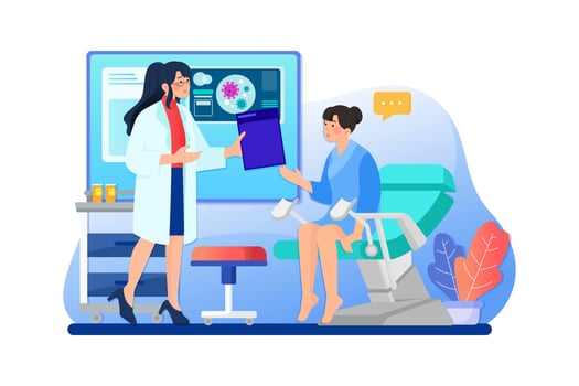 Doctor invite patient in examination room with gynecological chair and folding screen. vector