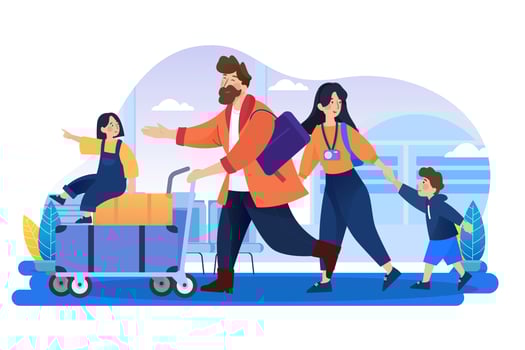 Family travel. Parents and children at the airport fly away for a vacation. vector