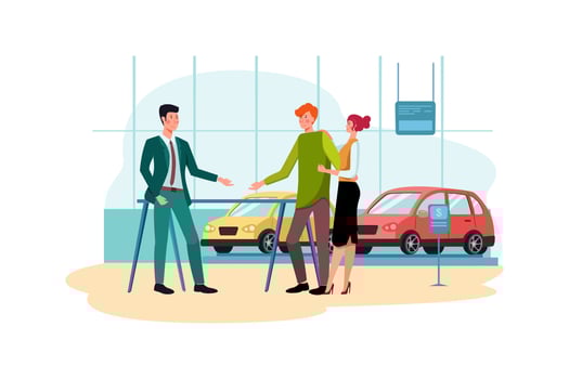 Salesman talking to a young couple at the dealership showroom. vector