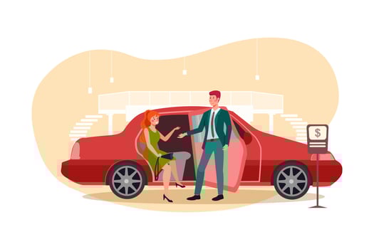 Beautiful young woman in red car is talking to car insurance salesman vector