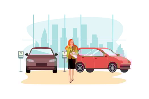 Woman with flowers in a car showroom vector