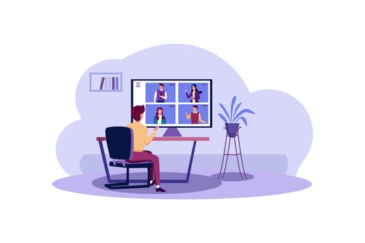 Online job interview. HR management making video call for contacting candidate by conference, talking on webcam. vector