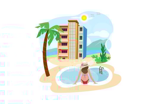 Woman enjoying vacation holidays at luxurious beachfront hotel resort with swimming pool and tropical landscape near the beach. vector