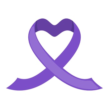 Purple ribbon icon in shape of heart in flat style isolated on white background. Symbol for Dementia awareness month. Alzheimers disease. Vector illustration. Healthcare medical concept.