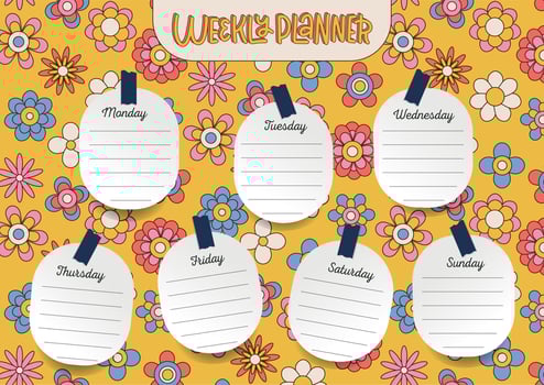 Printable vintage floral weekly planner template with cute retro groovy flowers for school scheduler, reminder. Vintage daisy background in 70s style. Vector illustration. A4 size printable template