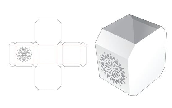 top and bottom chamfered stenciled container box die cut template and 3D mockup vector