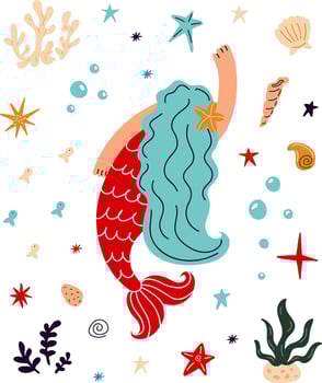 Cute Mermaid with blue hair and marine life.Vector cartoon illustration vector
