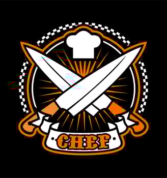 two kitchen knives and a chef hat vector