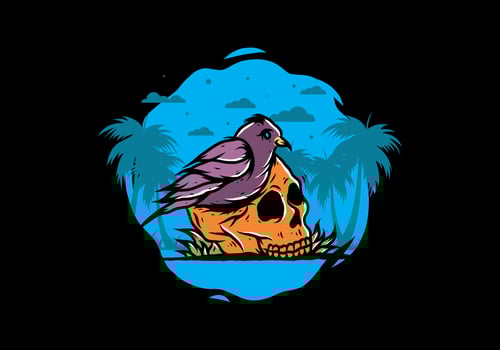 Bird nesting in skull illustration vector
