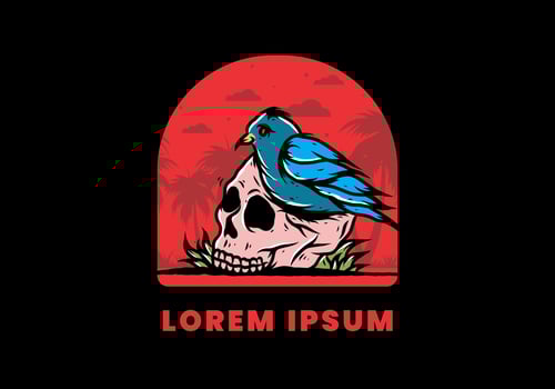 Bird nesting in skull illustration vector