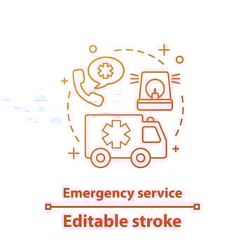 Emergency service concept icon. Medicine and healthcare idea thin line illustration. Ambulance. Vector isolated outline drawing. Editable stroke