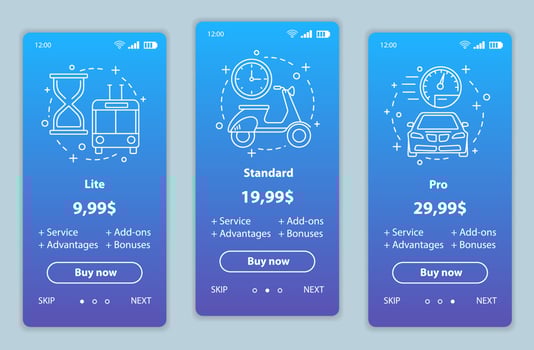 Tariff plans onboarding mobile app screens vector templates. Walkthrough website pages interface. Lite, standart, pro service prices. Smartphone subscription, membership payment web page layout
