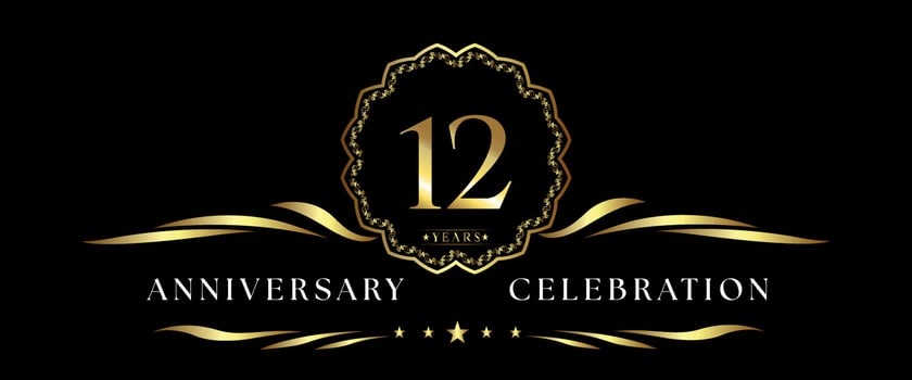 12 years anniversary celebration with gold decorative frame isolated on black background. Vector design for greeting card, birthday party, wedding, event party, ceremony. 12 years Anniversary logo.