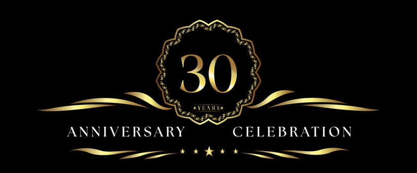 30 years anniversary celebration with gold decorative frame isolated on black background. Vector design for greeting card, birthday party, wedding, event party, ceremony. 30 years Anniversary logo.