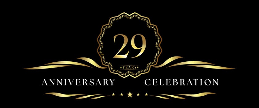 29 years anniversary celebration with gold decorative frame isolated on black background. Vector design for greeting card, birthday party, wedding, event party, ceremony. 29 years Anniversary logo.