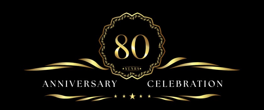 80 years anniversary celebration with gold decorative frame isolated on black background. Vector design for greeting card, birthday party, wedding, event party, ceremony. 80 years Anniversary logo.