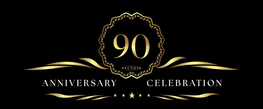 90 years anniversary celebration with gold decorative frame isolated on black background. Vector design for greeting card, birthday party, wedding, event party, ceremony. 90 years Anniversary logo.