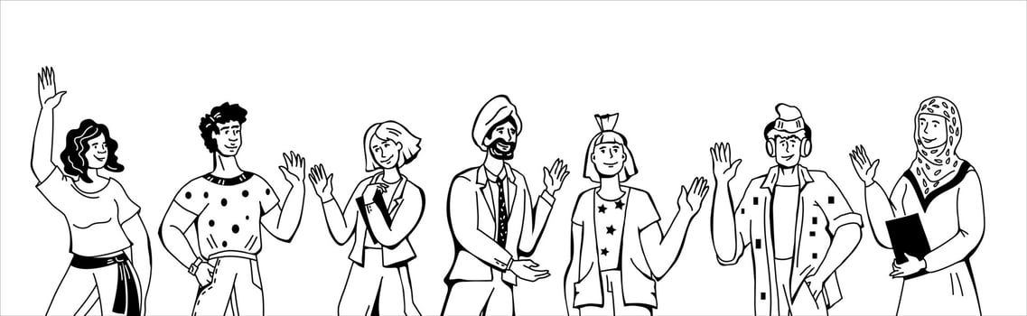 Multicultural young people group, man and woman with greeting gesture, welcoming and saying Hello. Youth lifestyle and friendship. Cartoon sketch black line vector illustration isolated.