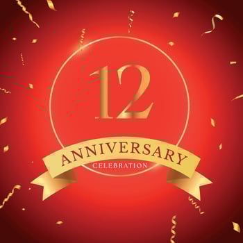 12 years anniversary celebration with gold frame and gold confetti isolated on red background. Vector design for greeting card, birthday party, wedding, event party. 12 years Anniversary logo.