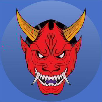 Red oni mask with blue background vector illustration. Hanya art of Asia the traditional japanese demon. Design for t-shirt, sticker, or poster.