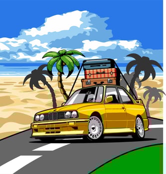 car and travel bag on the beach vector