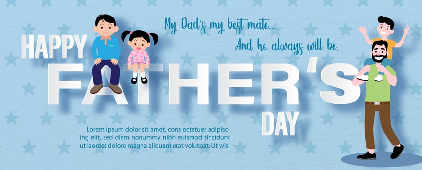 Poster banner of father's day with cartoon character and paper cut style on stars pattern and blue paper background. vector