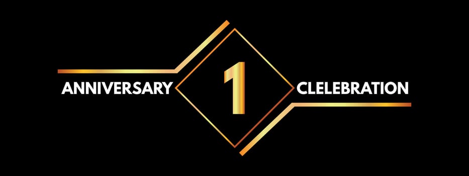 1 years anniversary celebration with gold frame isolated on black background. Vector design for greeting card, birthday party, wedding, event party, invitation, ceremony. 1 years Anniversary logo.