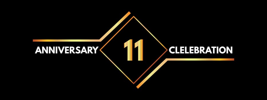 11 years anniversary celebration with gold frame isolated on black background. Vector design for greeting card, birthday party, wedding, event party, invitation, ceremony. 11 years Anniversary logo.