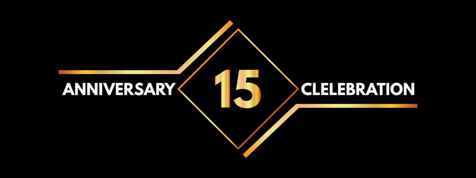 15 years anniversary celebration with gold frame isolated on black background. Vector design for greeting card, birthday party, wedding, event party, invitation, ceremony. 15 years Anniversary logo.