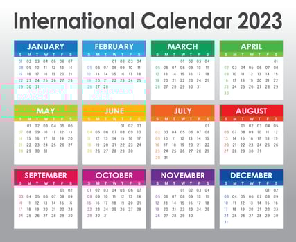 Colorful Calendar year 2023 vector design template, simple and clean design. Calendar for 2023on White Background for organization and business. Week Starts Sunday. Simple Vector Template. EPS10.