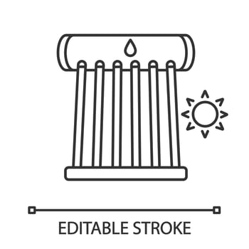 Industrial solar water heater linear icon. Solar collector tubes and water tank. Thin line illustration. Eco water heating system. Contour symbol. Vector isolated outline drawing. Editable stroke