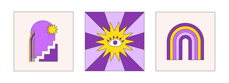 Trendy colorful set of retro backgrounds in style 70s, 80s. Abstract set hippie cards in yellow and purple colors. Vector illustration