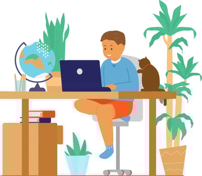Homeschool or online education. Smiling boy sits in front of laptop learning. Cozy workplace with cat and plants. Flat vector illustration.