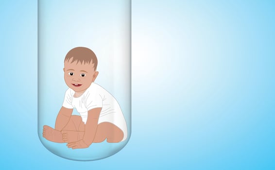 IVF, in vitro fertilization. Boy in a test tube. The concept of infertility, IVF center. Infertile couple, fertility problem. Medical poster. copy space. Vector illustration
