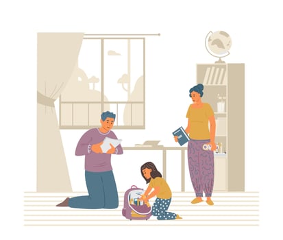 Parents Helping Daughter To Pack Schoolbag. Primary School Girl Getting Ready For School. Flat Vector Illustration.
