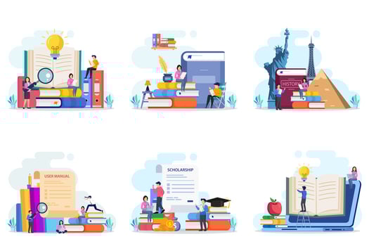 Set bundle library concept, online library for education, online reference concept, book, user manual, literature or elearning. Flat vector template