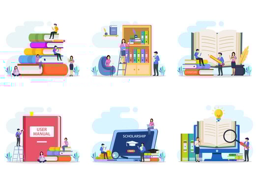 Set bundle library concept, online library for education, online reference concept, book, user manual, literature or elearning. Flat vector template