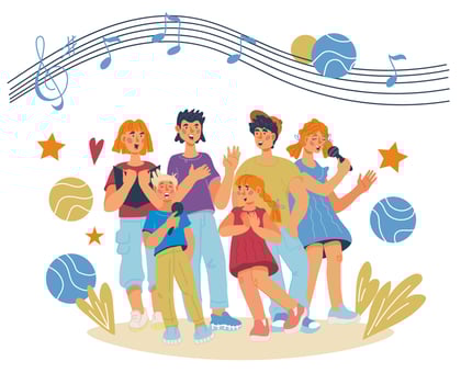 Group of children cartoon characters singing in school chorus. Music lessons, musical education or vocal classes for kids. Flat cartoon vector illustration isolated on white background.