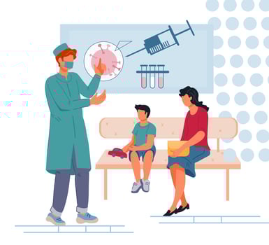 Children vaccination, disease prevention and antivirus immunization concept with doctor explaining mother with child grafts benefit for kids health. Healthcare and medicine. Flat vector illustration.