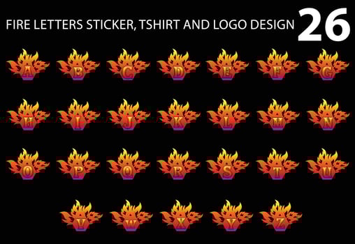 Fire letter A to Z sticker, tshirt and logo design template vector