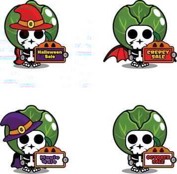 Halloween pumpkin party design sale board, vegetable skull costume vector illustration