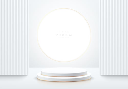 Realistic white, golden 3D cylinder pedestal podium with glowing circle neon background. Abstract minimal scene for mockup products, stage showcase, promotion display. Vector luxury geometric forms.