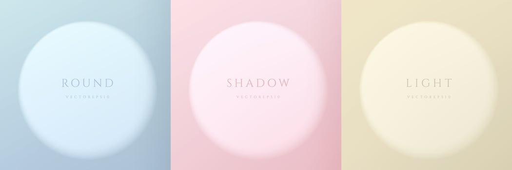 Set of blue, pink, yellow beige background with spotlight circle shape isolated design. Abstract minimal scene for products display or space for your text. Top view design. Light and shadow. vector
